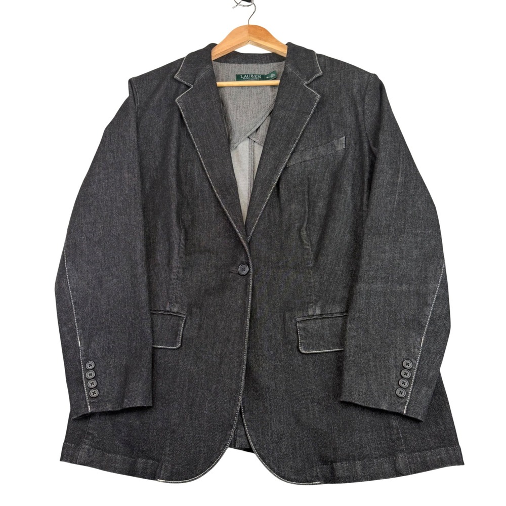 Lauren Ralph Lauren Black Denim Blazer Contrast Stitch Equestrian Heritage 18W